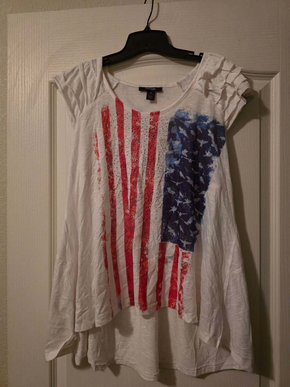 Style & Co. Top Size 1X White American Flag Ruffled Sleeves Tunic Hi Low Cut